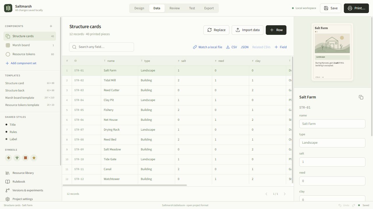 Game card data spreadsheet beside a live preview of the linked card design