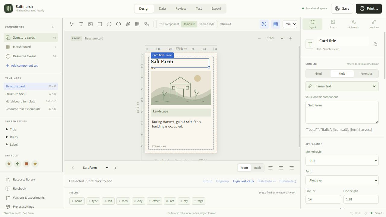 Tableloom card editor with a reusable template, linked title field, and dimensions in millimetres